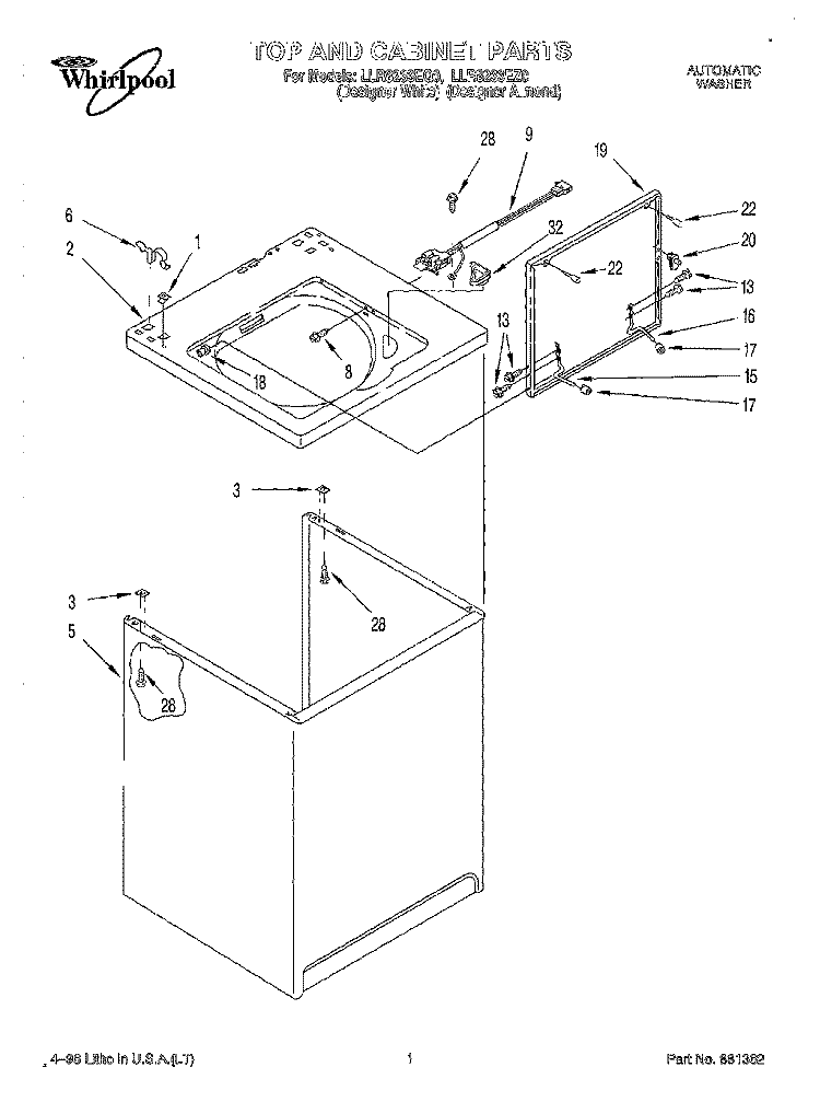 TOP AND CABINET Diagram and Parts List for LLR8233EZ0  Whirlpool Washer