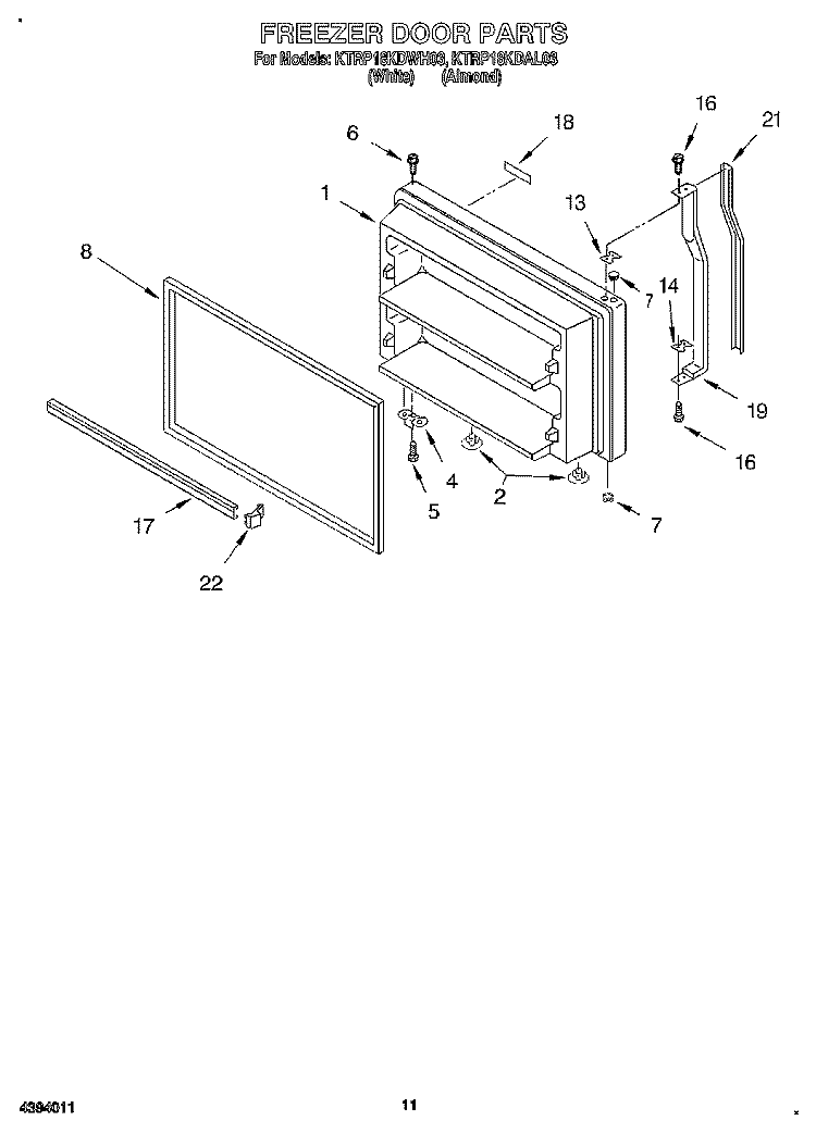 FREEZER DOOR, LIT/OPTIONAL Diagram and Parts List for KTRP18KDWH03  Whirlpool Refrigerator