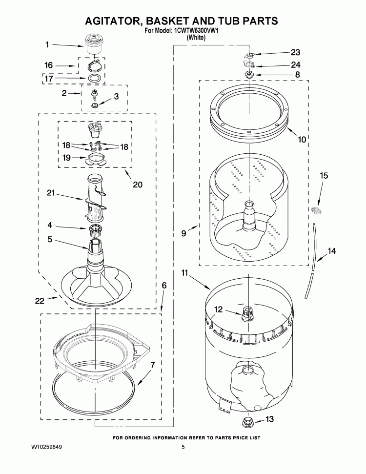 AGITATOR, BASKET AND TUB PARTS Diagram and Parts List for 1CWTW5300VW1  Whirlpool Washer
