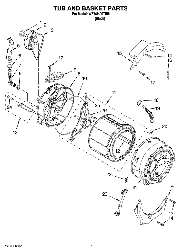 TUB AND BASKET PARTS, OPTIONAL PARTS (NOT INCLUDED) Diagram and Parts List for WFW8400TB01  Whirlpool Washer