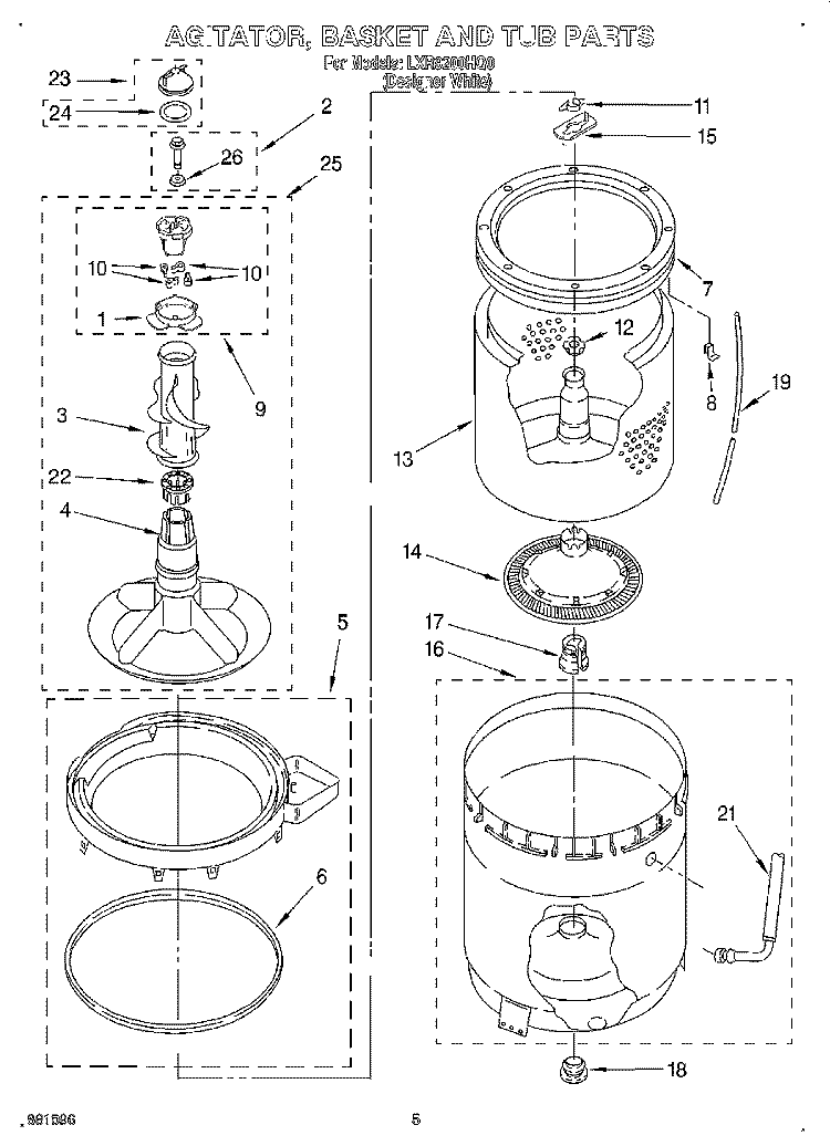 AGITATOR, BASKET AND TUB Diagram and Parts List for LXR9200HQ0  Whirlpool Washer