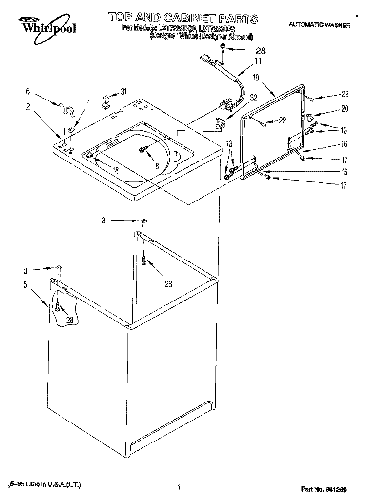 TOP AND CABINET, LIT/OPTIONAL Diagram and Parts List for LST7233DZ0  Whirlpool Washer