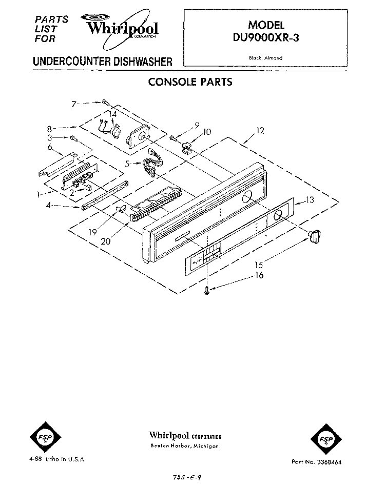 CONSOLE Diagram and Parts List for DU9000XR3  Whirlpool Dishwasher
