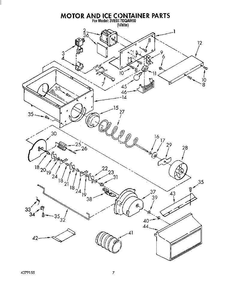 MOTOR AND ICE CONTAINER Diagram and Parts List for 3VED27DQAW00  Whirlpool Refrigerator