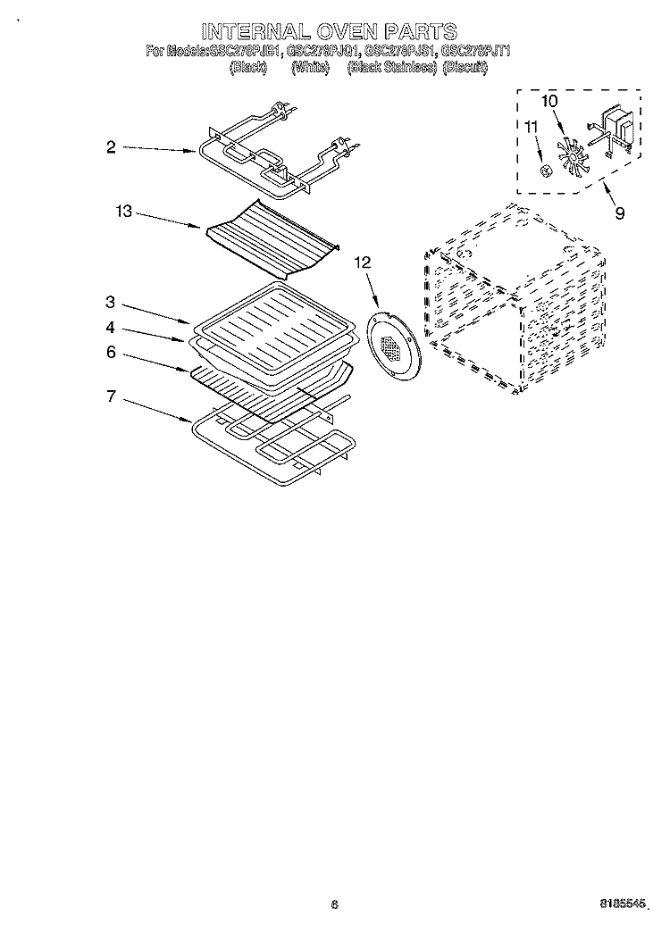INTERNAL OVEN Diagram and Parts List for GSC278PJS1  Whirlpool Microwave Oven Combo