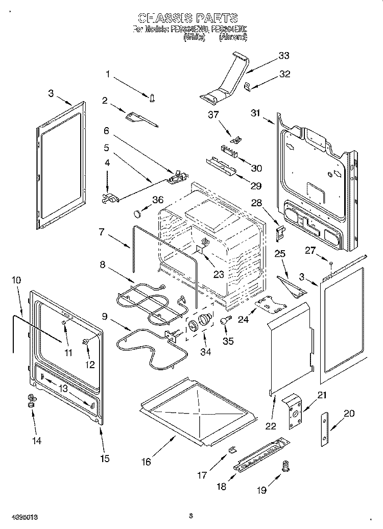 CHASSIS Diagram and Parts List for FES364EN0  Whirlpool Range