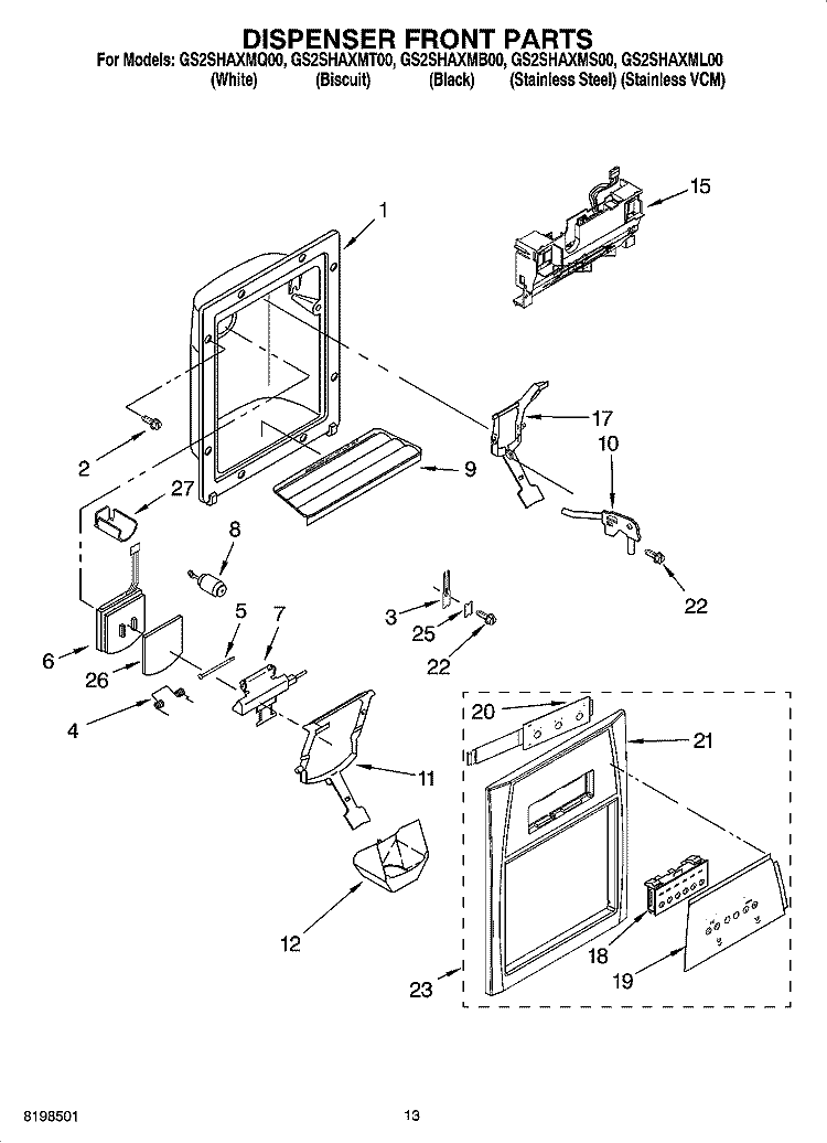 DISPENSER FRONT PARTS Diagram and Parts List for GS2SHAXMS00  Whirlpool Refrigerator