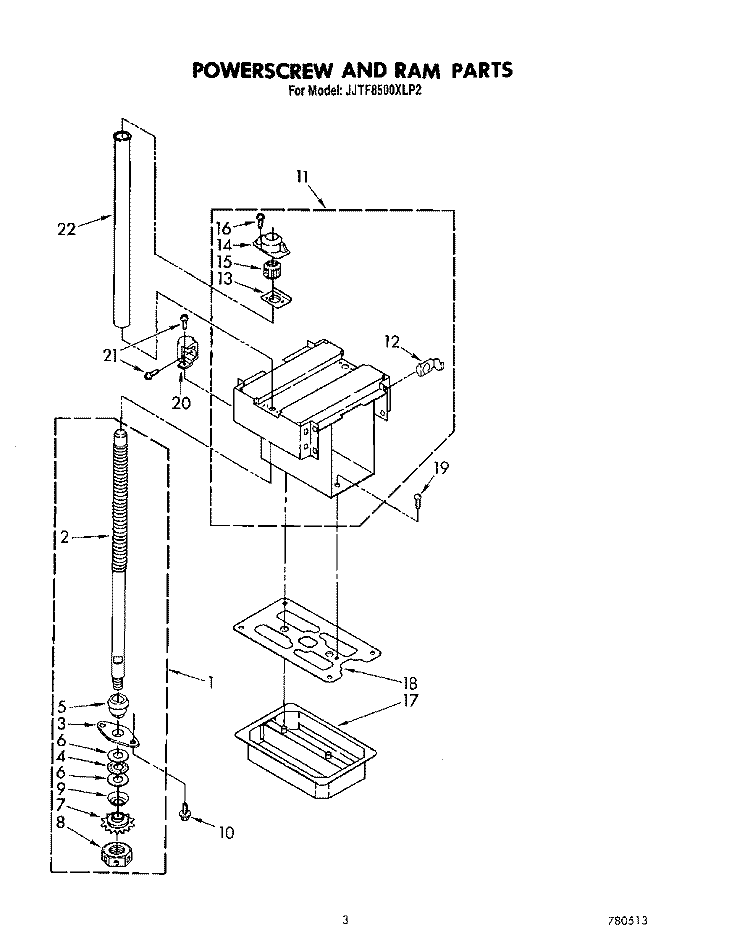 POWERSCREW AND RAM Diagram and Parts List for JJTF8500XLP2  Whirlpool Trash Compactor