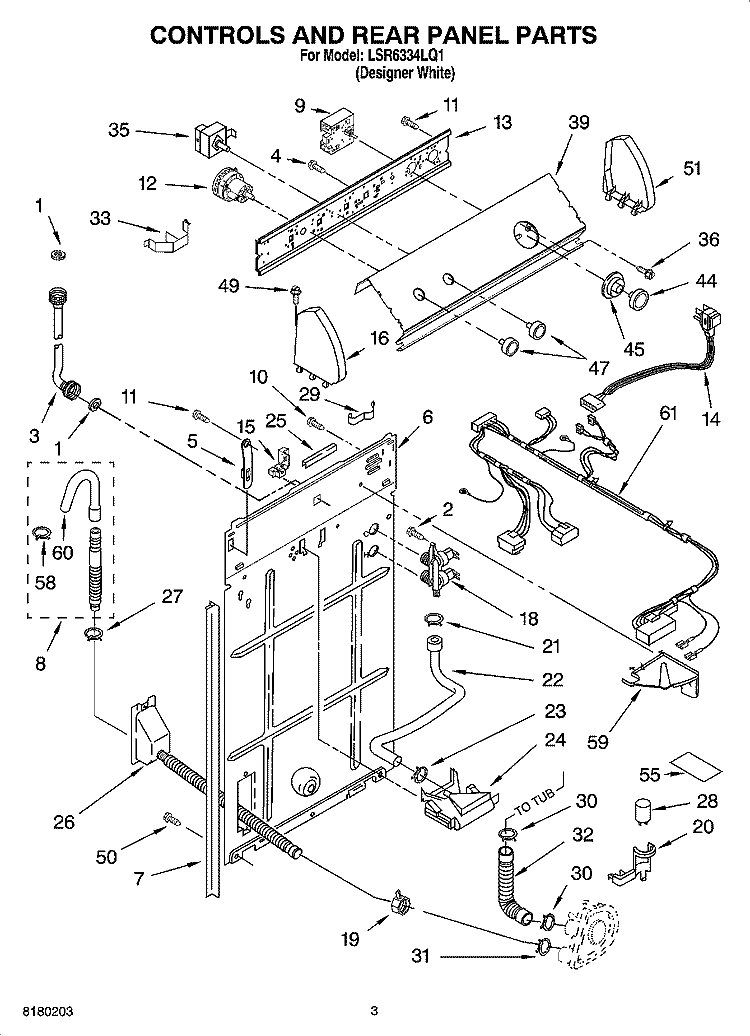 CONTROLS AND REAR PANEL PARTS Diagram and Parts List for LSR6334LQ1  Whirlpool Washer