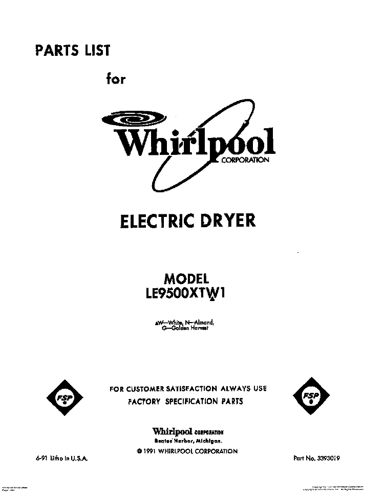 SECTION Diagram and Parts List for LE9500XTN1  Whirlpool Dryer