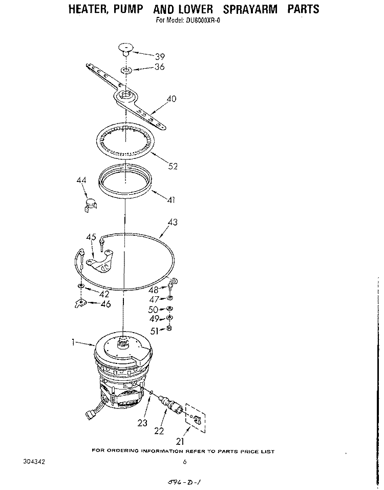HEATER, PUMP AND LOWER SPRAYARM Diagram and Parts List for DU6000XR0  Whirlpool Dishwasher