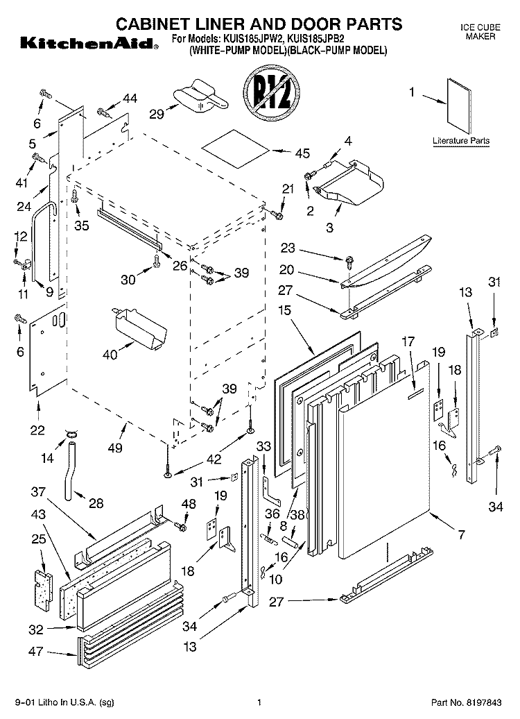 CABINET LINER AND DOOR, LITERATURE Diagram and Parts List for KUIS185JPW2  KitchenAid Ice Maker