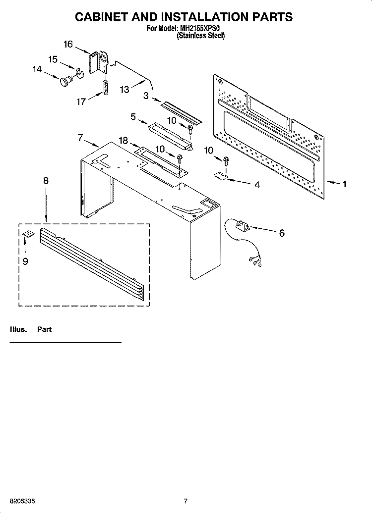 CABINET AND INSTALLATION PARTS Diagram and Parts List for MH2155XPS0  Whirlpool Microwave
