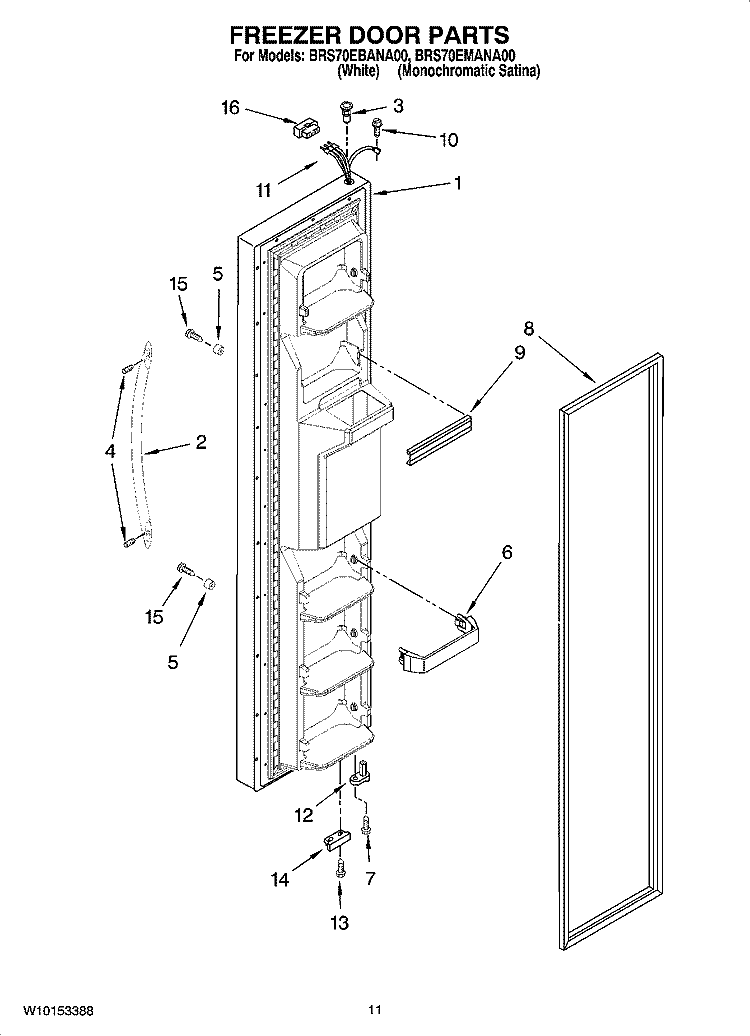 FREEZER DOOR PARTS Diagram and Parts List for BRS70EMANA00  Whirlpool Refrigerator