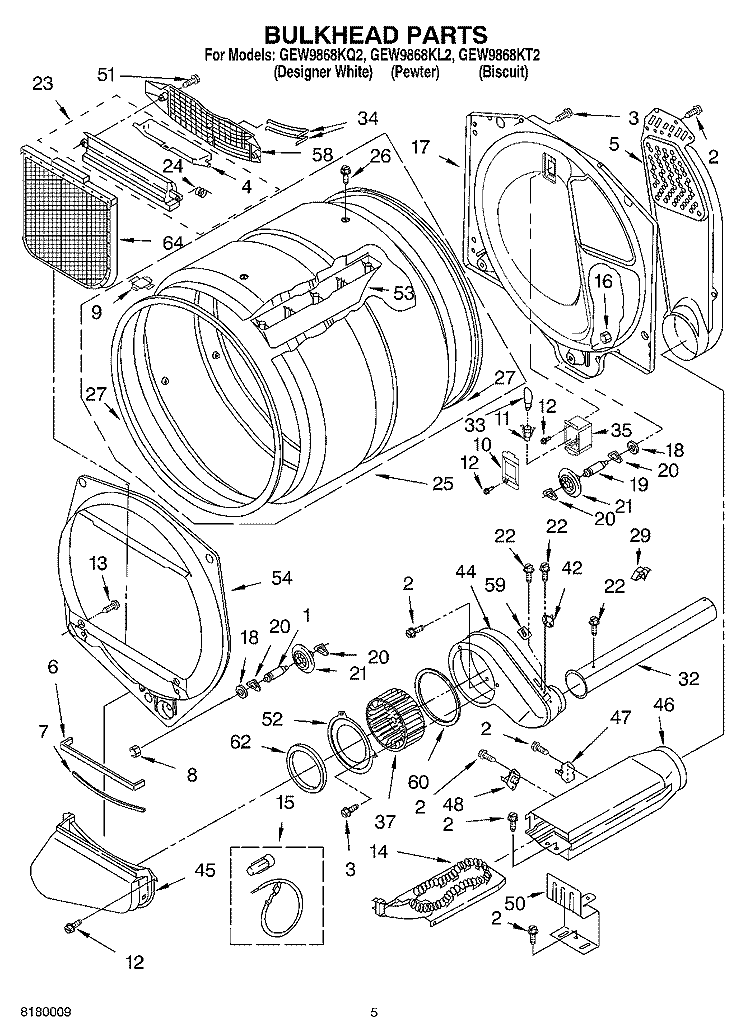 BULKHEAD PARTS Diagram and Parts List for GEW9868KT2  Whirlpool Dryer