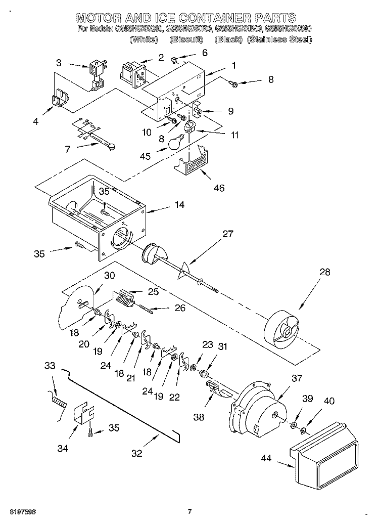 MOTOR AND ICE CONTAINER Diagram and Parts List for GS5SHGXKQ00  Whirlpool Refrigerator