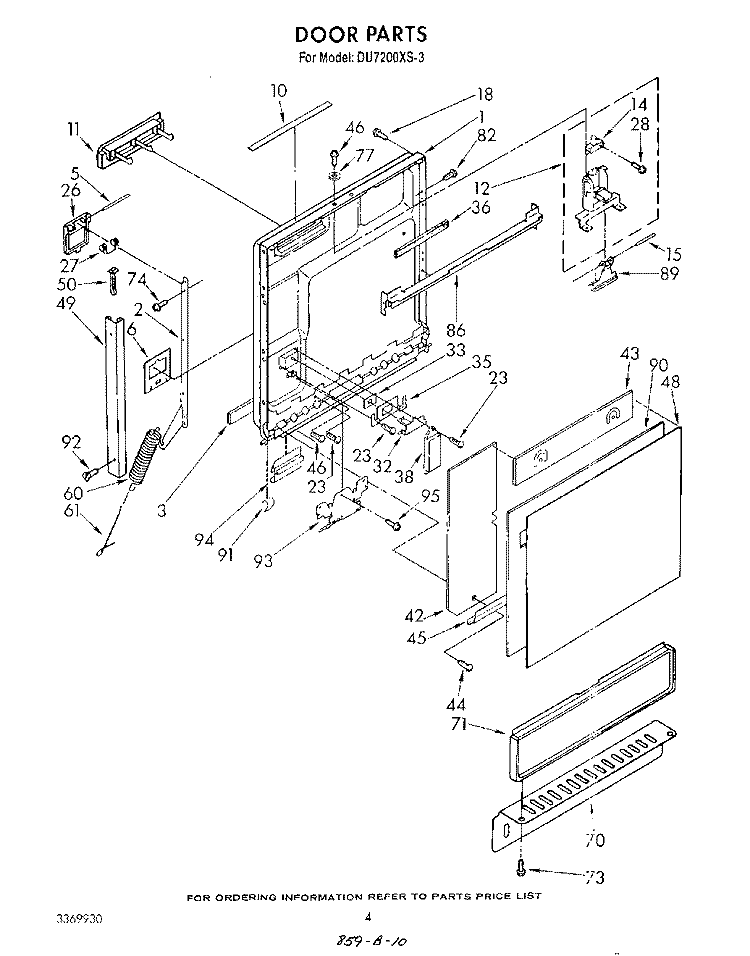 DOOR Diagram and Parts List for DU7200XS3  Whirlpool Dishwasher
