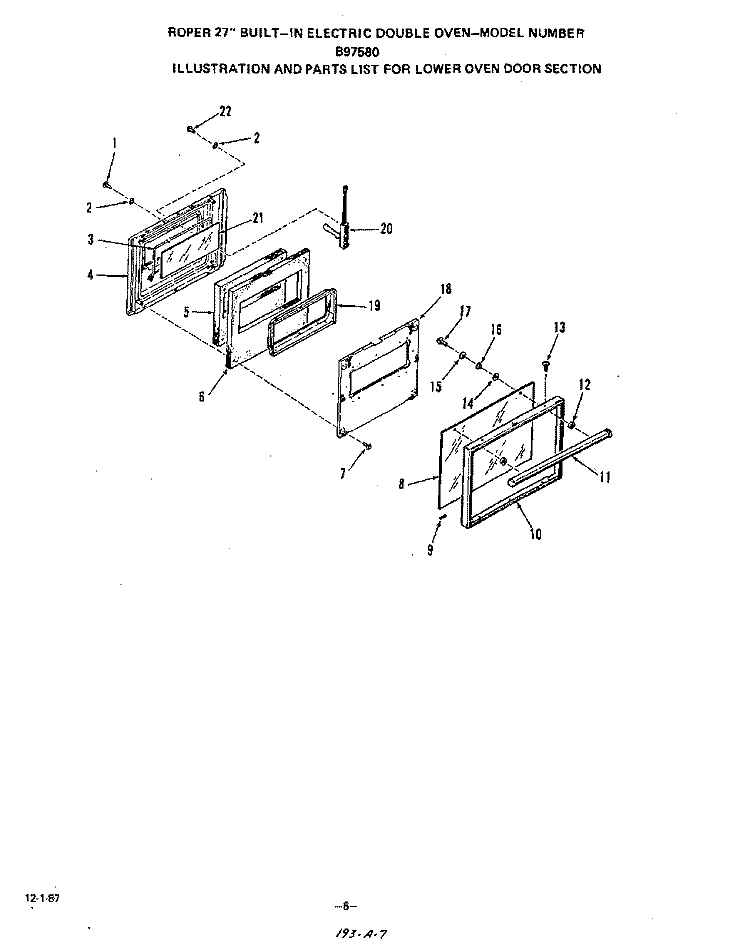 LOWER OVEN DOOR Diagram and Parts List for B9758B0  Roper Wall Oven
