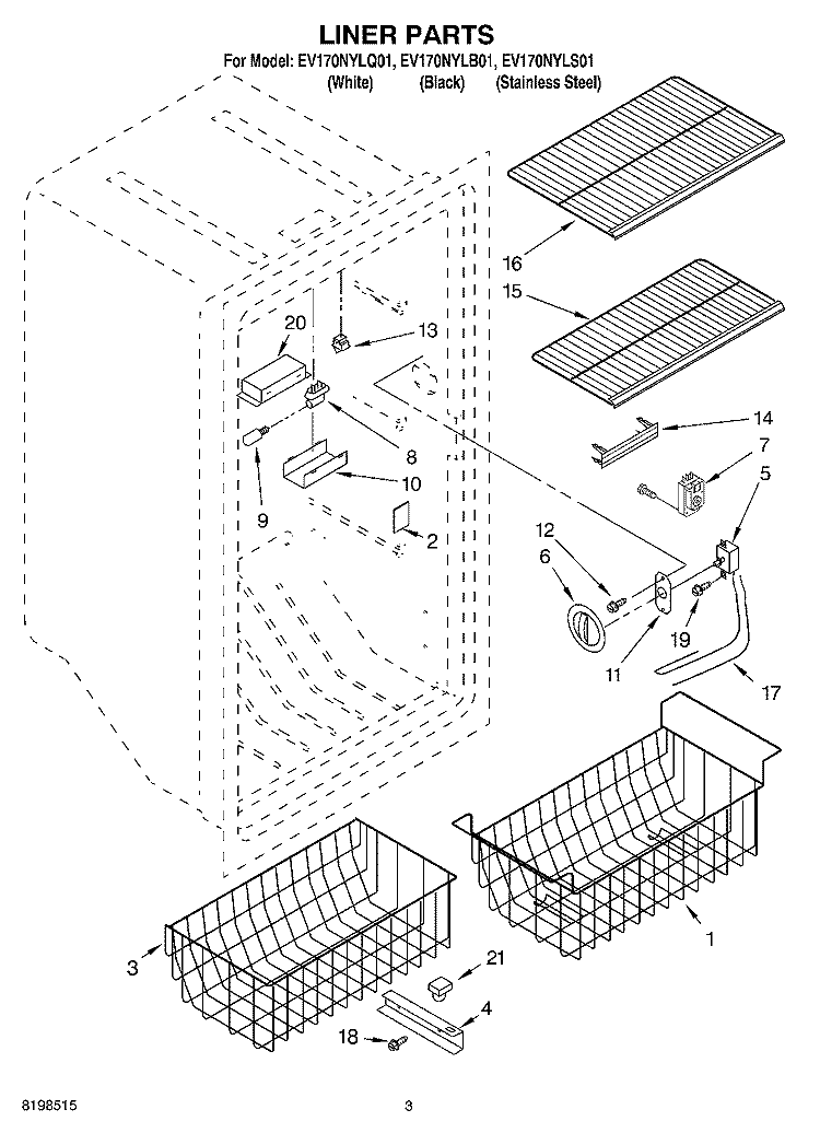 LINER PARTS Diagram and Parts List for EV170NYLB01  Whirlpool Freezer