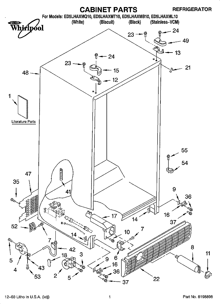 CABINET PARTS Diagram and Parts List for ED5LHAXMB10  Whirlpool Refrigerator