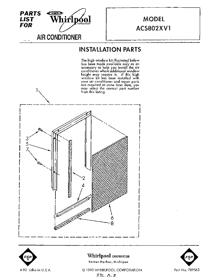 SECTION Diagram and Parts List for ACS802XV1  Whirlpool Air Conditioner