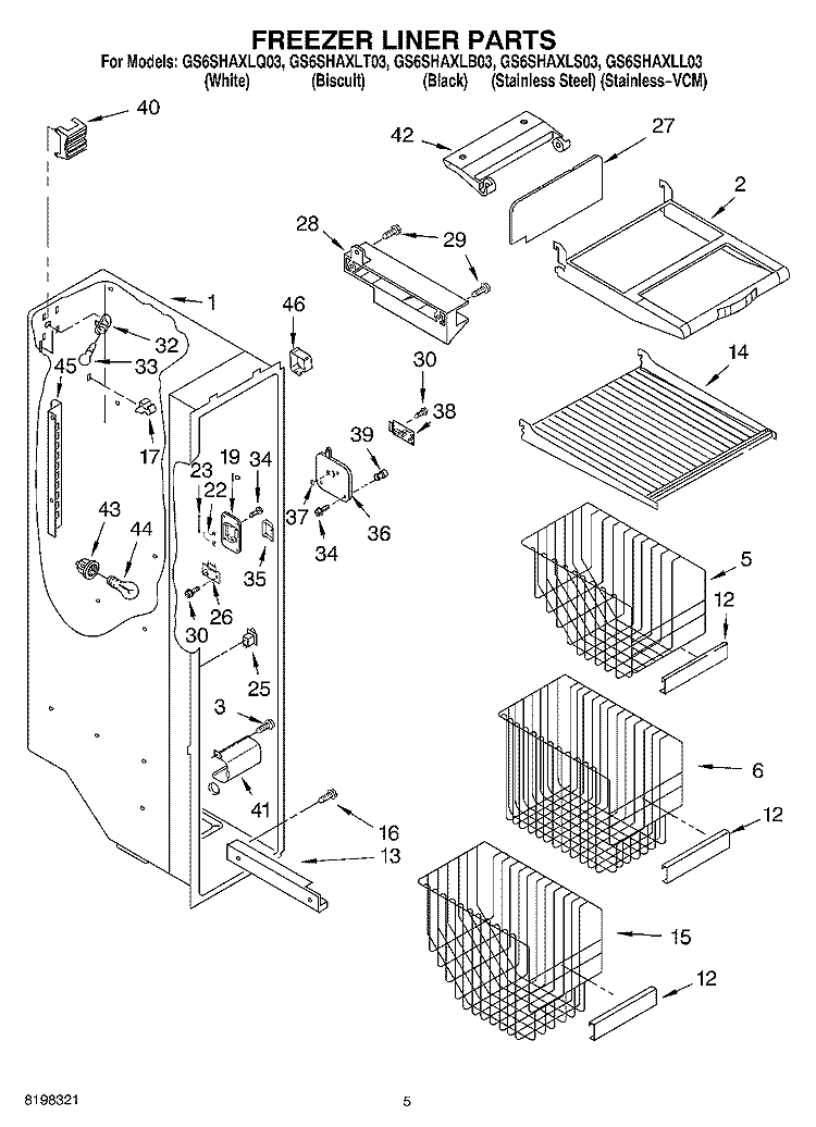 FREEZER LINER PARTS Diagram and Parts List for GS6SHAXLS03  Whirlpool Refrigerator