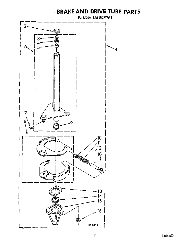 BRAKE AND DRIVE TUBE Diagram and Parts List for LA9580XWF1  Whirlpool Washer
