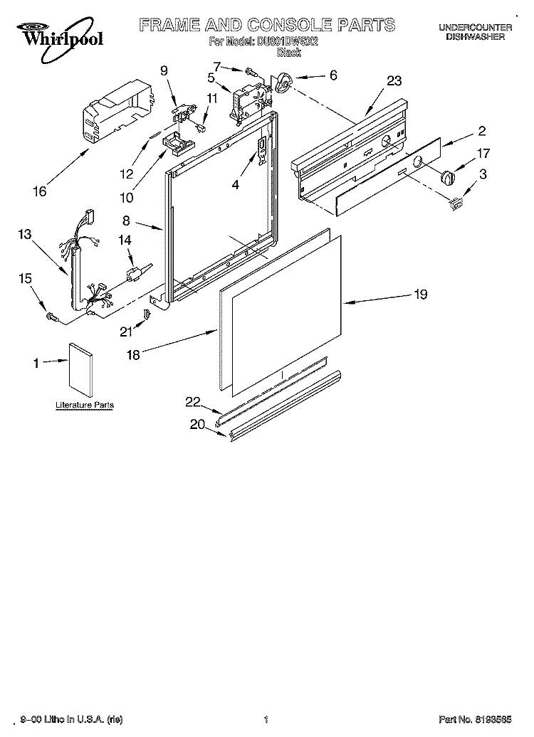 FRAME & CONSOLE, LITERATURE Diagram and Parts List for DU801DWGX2  Whirlpool Dishwasher