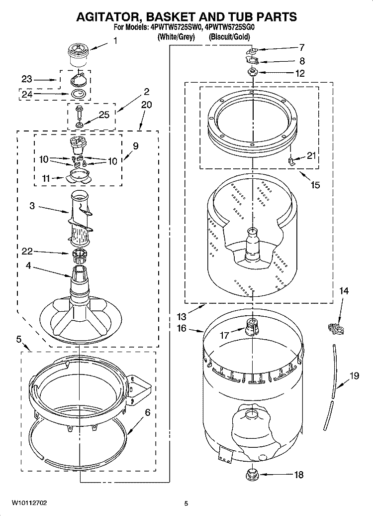 AGITATOR, BASKET AND TUB PARTS Diagram and Parts List for 4PWTW5725SG0  Whirlpool Washer