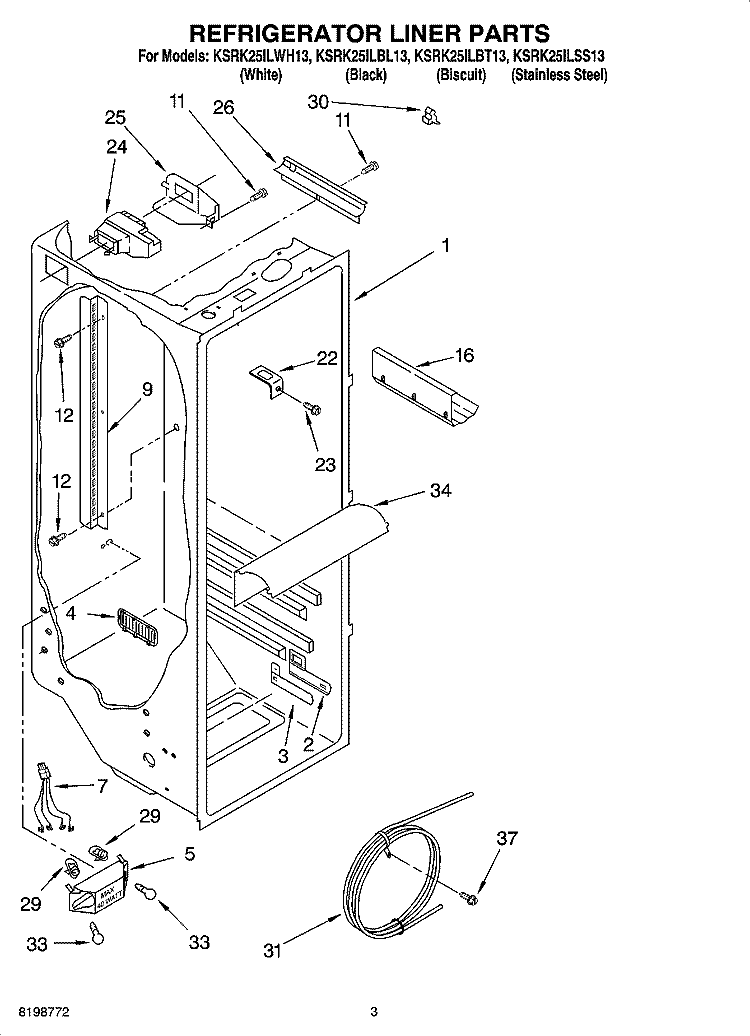 REFRIGERATOR LINER PARTS Diagram and Parts List for KSRK25ILWH13  KitchenAid Refrigerator