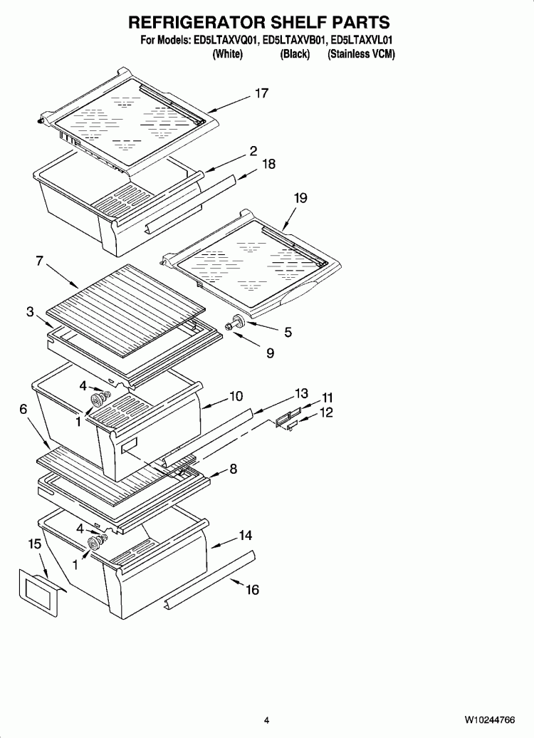 REFRIGERATOR SHELF PARTS Diagram and Parts List for ED5LTAXVL01  Whirlpool Refrigerator