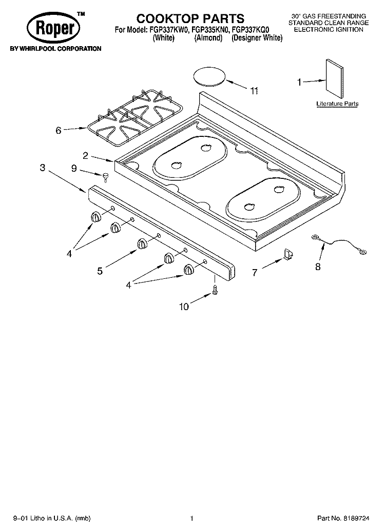 COOKTOP, LITERATURE Diagram and Parts List for FGP337KN0  Roper Range
