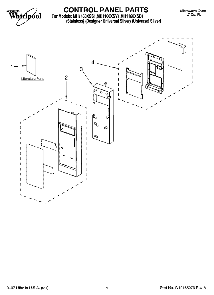 CONTROL PANEL PARTS Diagram and Parts List for MH1160XSD1  Whirlpool Microwave