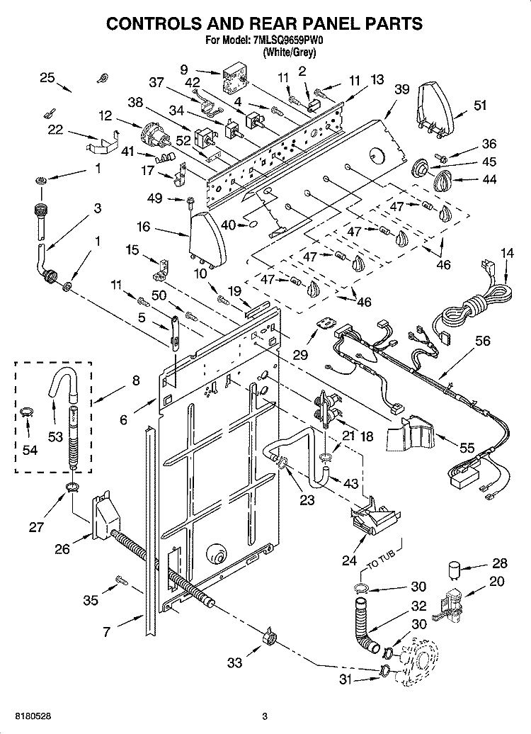 CONTROLS AND REAR PANEL PARTS Diagram and Parts List for 7MLSQ9659PW0  Whirlpool Washer