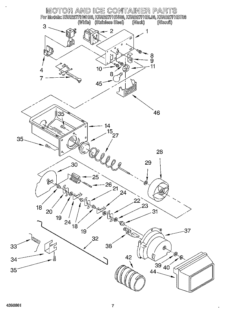 MOTOR AND ICE CONTAINER Diagram and Parts List for KSRB27FHBT03  KitchenAid Refrigerator