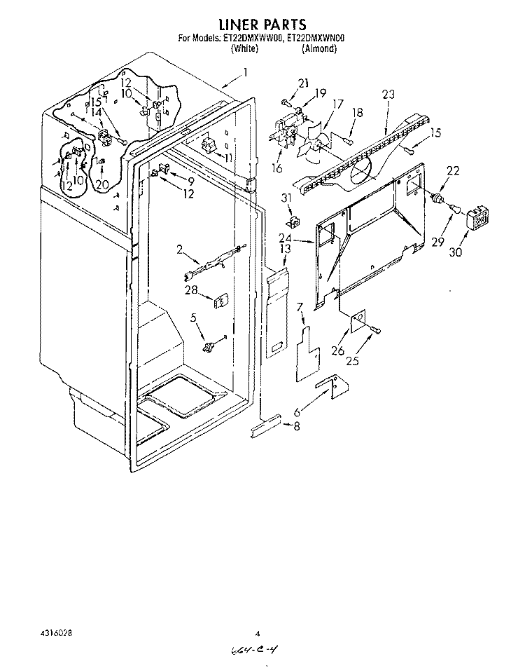 LINER Diagram and Parts List for ET22DMXWN00  Whirlpool Refrigerator