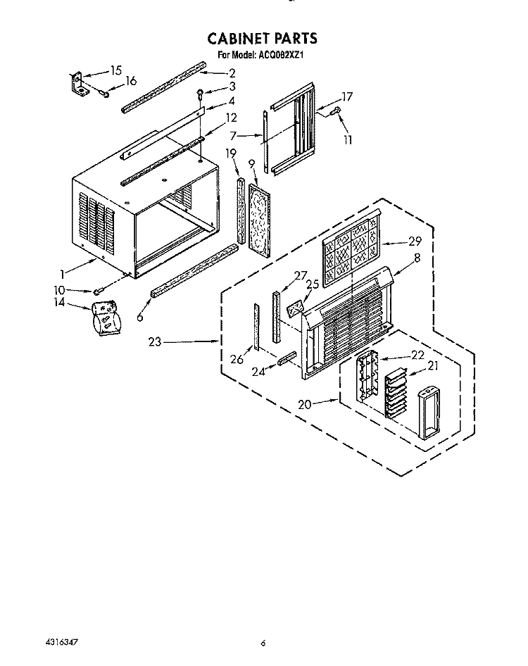 CABINET Diagram and Parts List for ACQ082XZ1  Whirlpool Air Conditioner