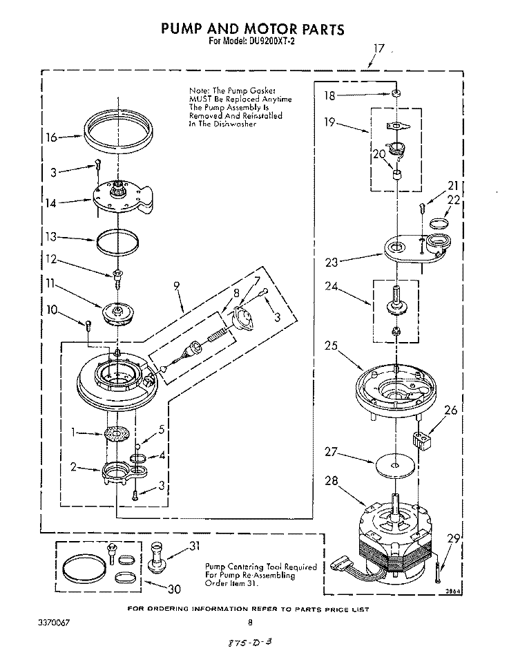 PUMP AND MOTOR Diagram and Parts List for DU9200XT2  Whirlpool Dishwasher