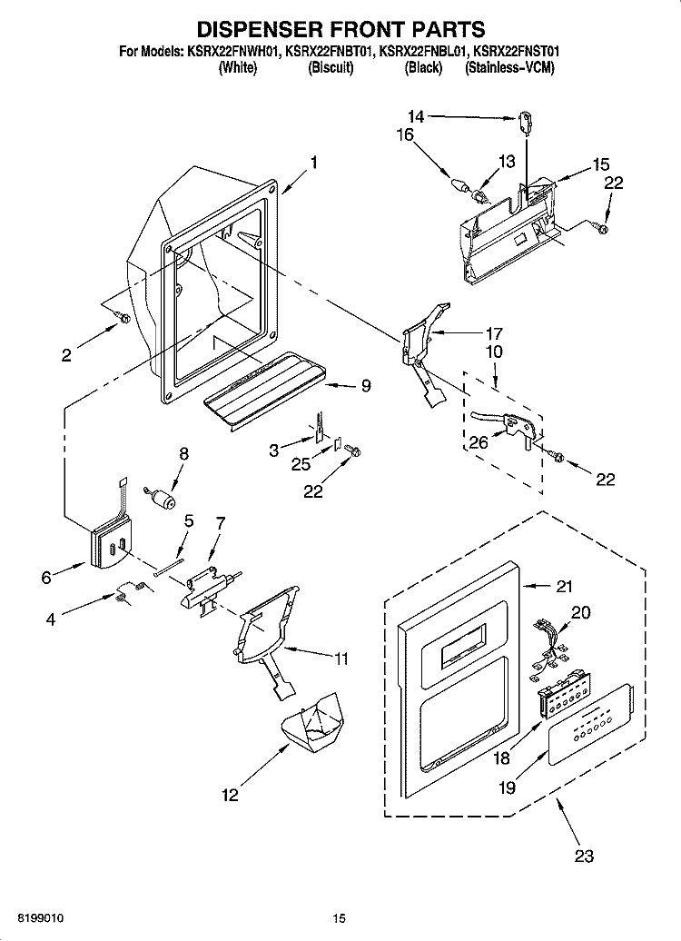 DISPENSER FRONT PARTS Diagram and Parts List for KSRX22FNST01  KitchenAid Refrigerator