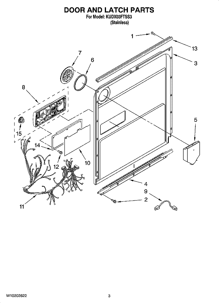 DOOR AND LATCH PARTS Diagram and Parts List for KUDX03FTSS3  KitchenAid Dishwasher