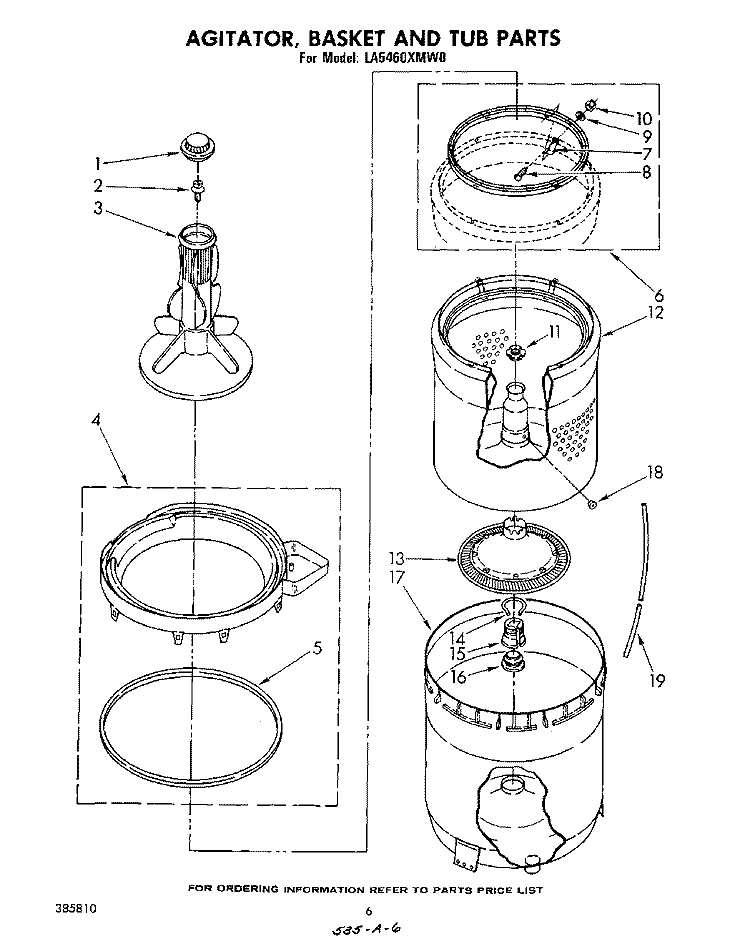 AGITATOR, BASKET AND TUB Diagram and Parts List for LA5460XMW0  Whirlpool Washer