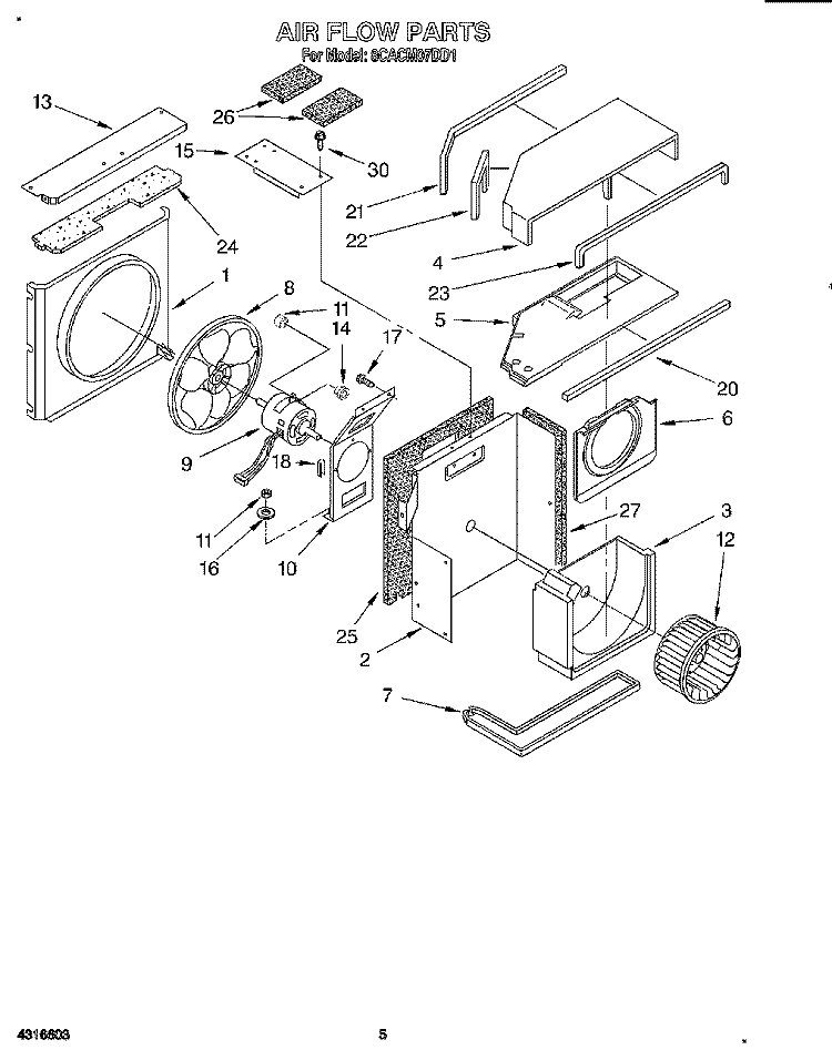 AIR FLOW Diagram and Parts List for 8CACM07DD1  Whirlpool Air Conditioner