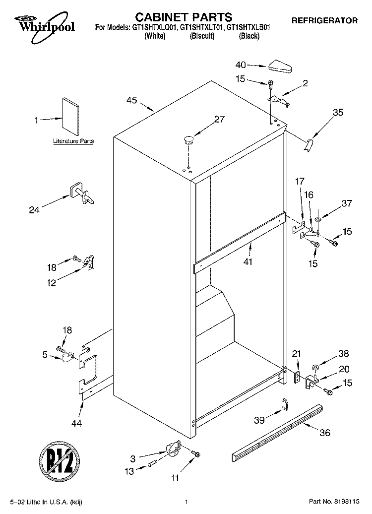 CABINET, LITERATURE Diagram and Parts List for GT1SHTXLT01  Whirlpool Refrigerator