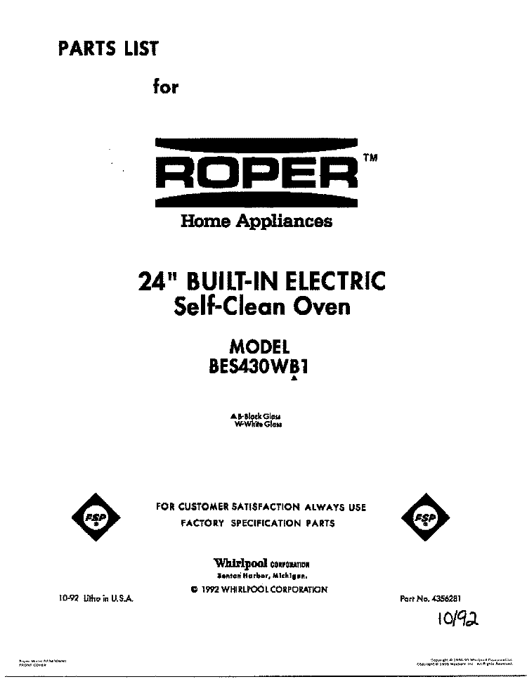 COVER Diagram and Parts List for BES430WW1  Roper Range