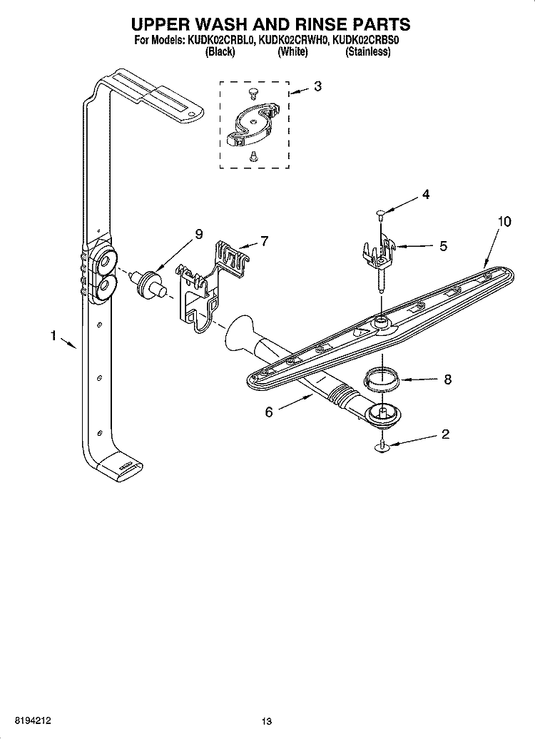 UPPER WASH AND RINSE PARTS Diagram and Parts List for KUDK02CRBS0  KitchenAid Dishwasher