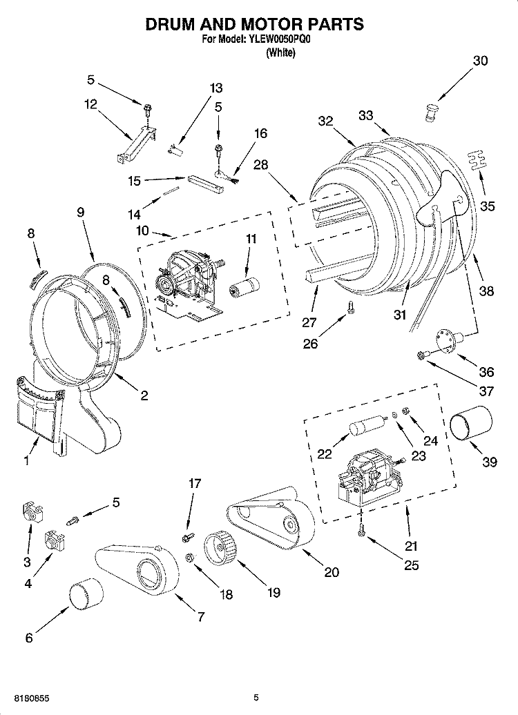 DRUM AND MOTOR PARTS, OPTIONAL PARTS (NOT INCLUDED) Diagram and Parts List for YLEW0050PQ0  Whirlpool Dryer