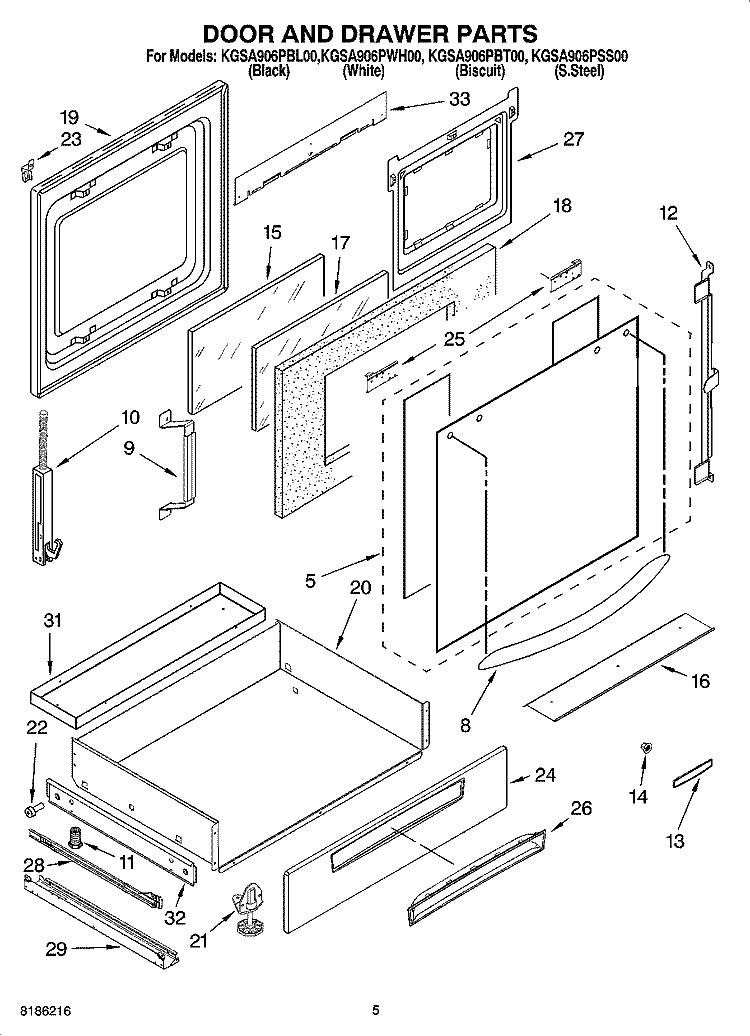 DOOR AND DRAWER PARTS Diagram and Parts List for KGSA906PBL00  KitchenAid Range