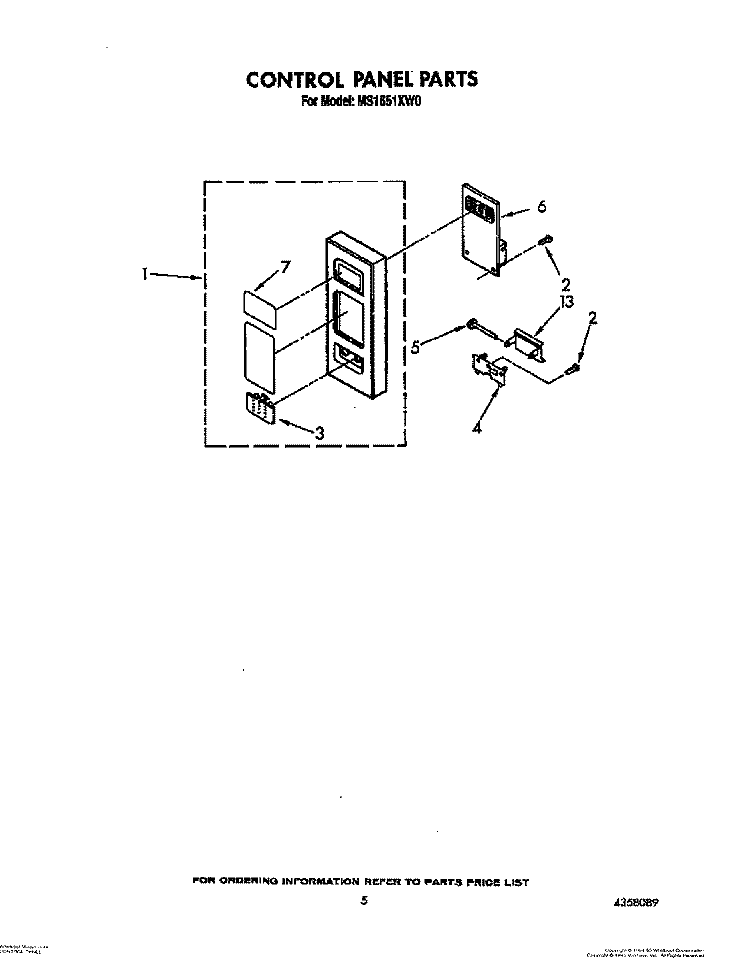 CONTROL PANEL Diagram and Parts List for MS1651XW0  Whirlpool Microwave
