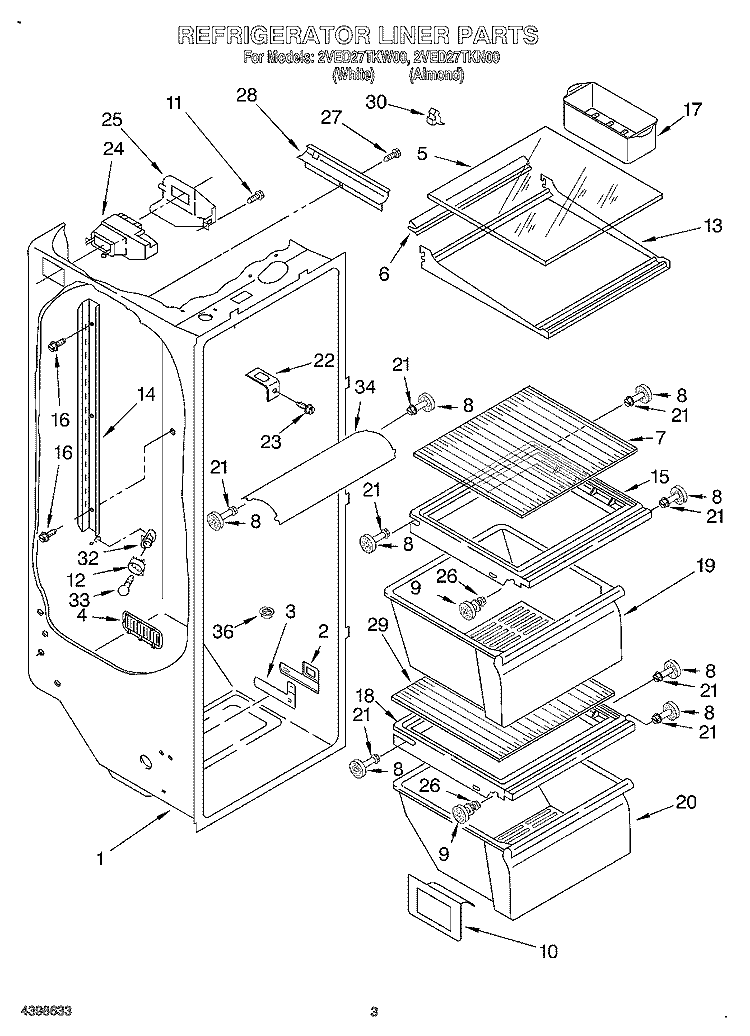 REFRIGERATOR LINER Diagram and Parts List for 2VED27TKW00  Whirlpool Refrigerator