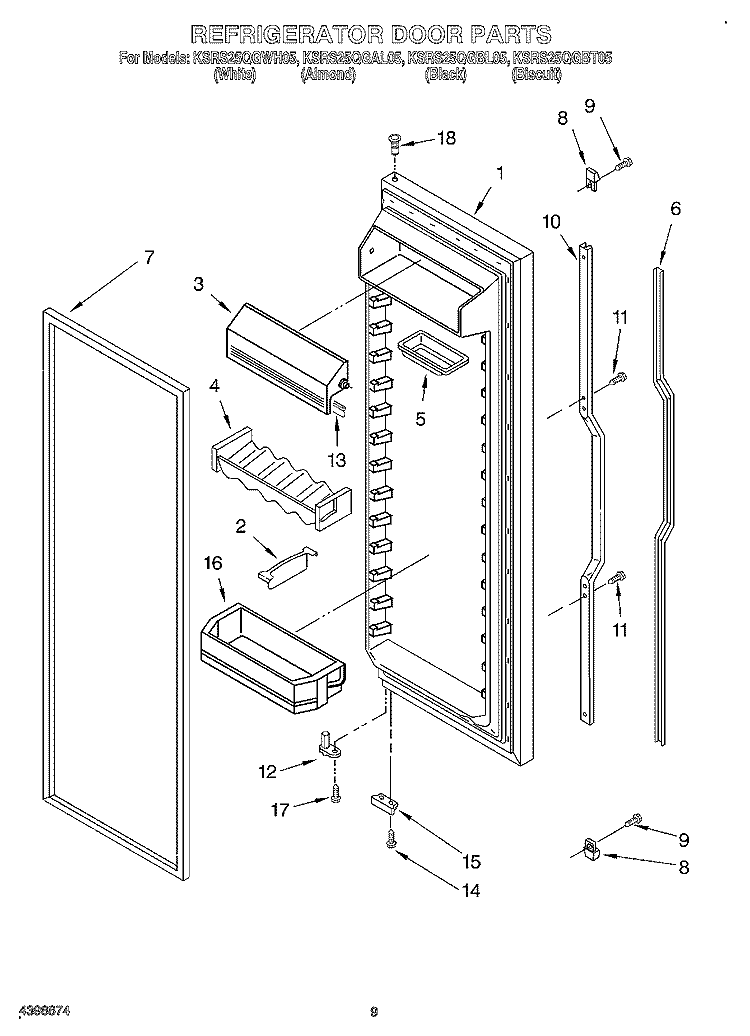 REFRIGERATOR DOOR Diagram and Parts List for KSRS25QGWH05  KitchenAid Refrigerator